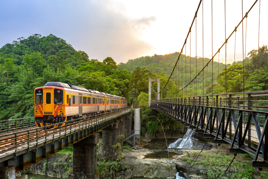 Taiwan tour_ Trains Traveling at Pingxi Line in New Taipei City