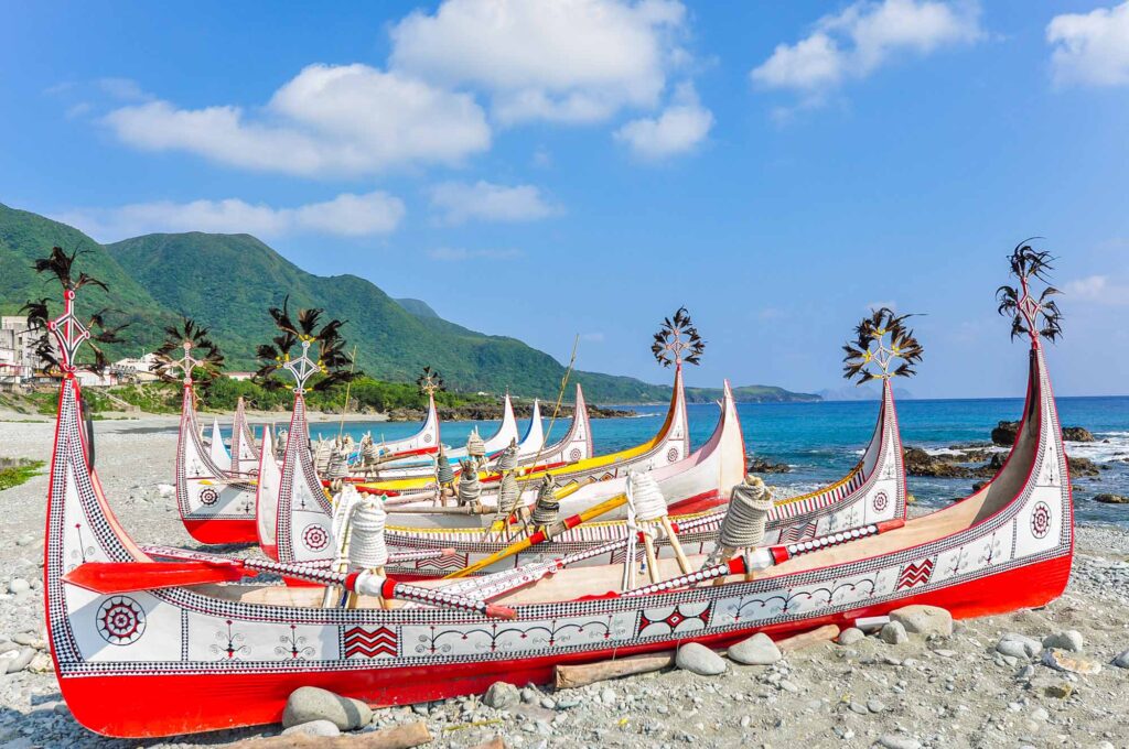 Aboriginal Canoe with Beautiful Feather Decoration on the Beach of Orchid Island Lanyu During Flying Fish Festival at Taitung